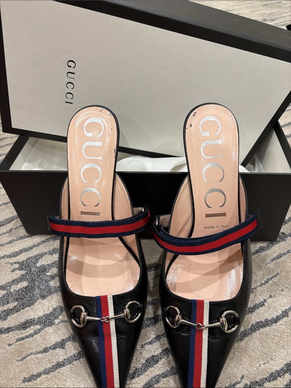 Gucci Sylvie Horsebit Slingback Pump Mule Black Web Stripe Mid Heel